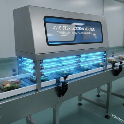Moduł sterylizacji UV-C montowany na przenośniku do linii pakowania żywności w opakowaniach przezroczystych