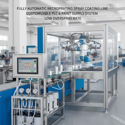 Całkowicie automatyczna linia powleczania. Dostosowalny PLC i system podaży farby. Niska prędkość rozpylania.