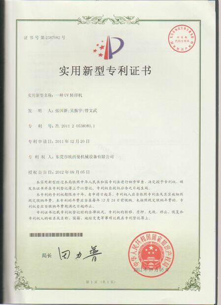 Chiny Dongguan Osmanuv Machinery Equipment Co., Ltd Certyfikaty