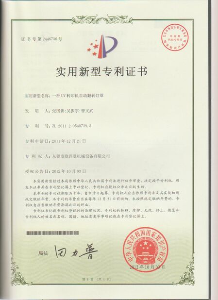 Chiny Dongguan Osmanuv Machinery Equipment Co., Ltd Certyfikaty